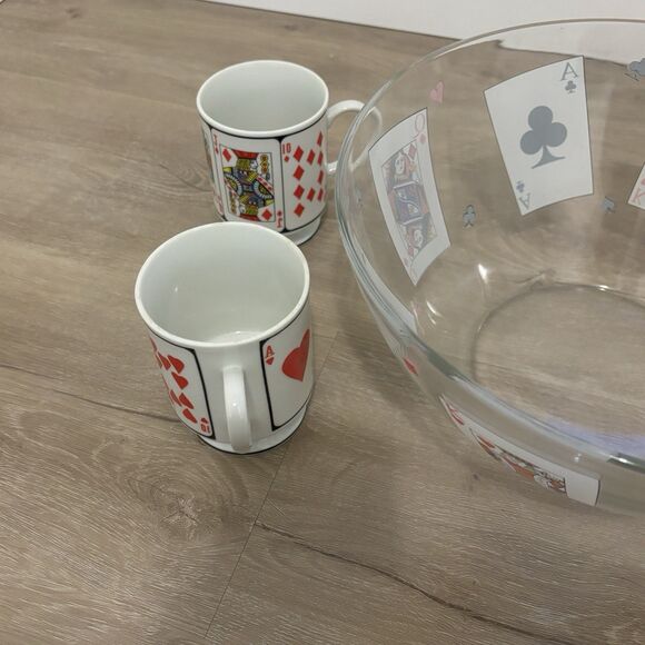 Vintage Playing Card Punch Bowl Set 4 Mugs Pedestal King Queen Jack Clubs Hearts - Picture 12 of 12
